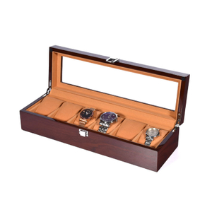 Boîte d'emballage de présentation de montre marron à 6 fentes, avec fenêtre transparente, boîte de montre en bois à 6 fentes, vente en gros