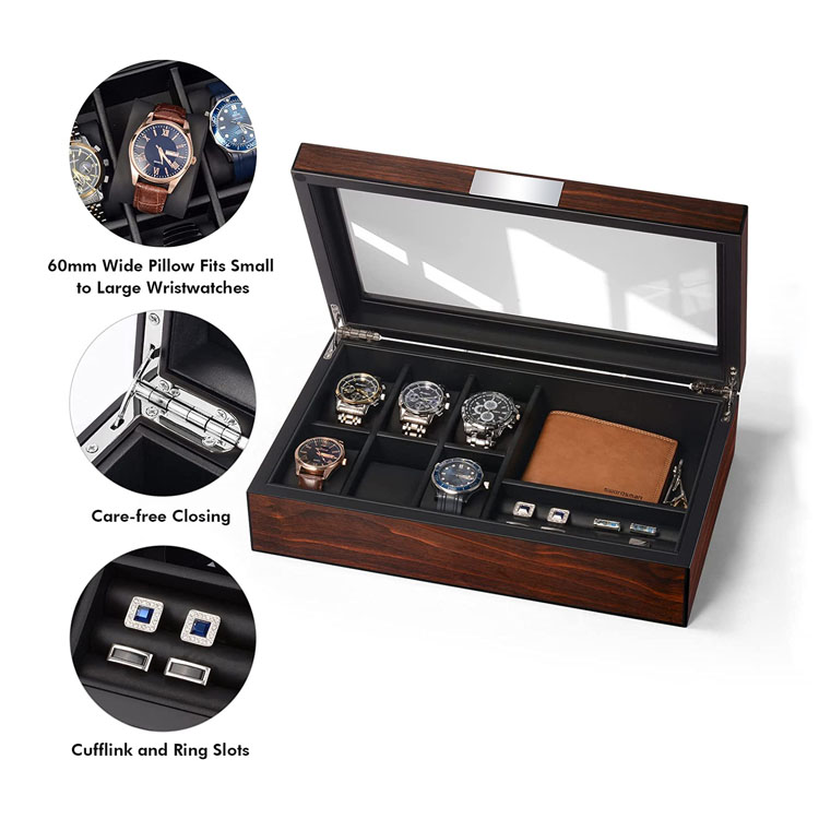 Boîte à montres en bois Inde Boîte à montres en bois Espresso massif Boîte à montres en bois à 12 fentes