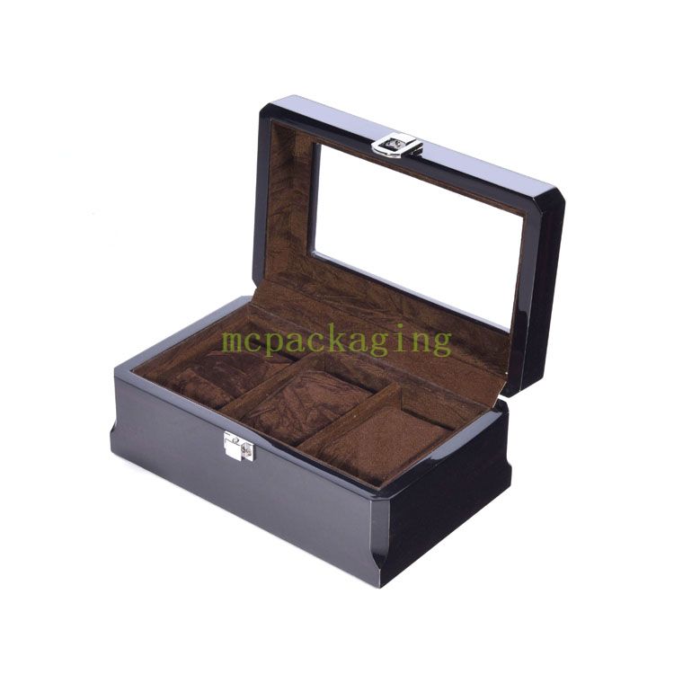 Boîte de rangement d'emballage de montre en bois, présentoir noir à 3 fentes haut de gamme avec fenêtre transparente, boîte d'emballage en bois