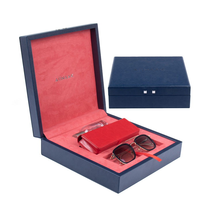 Designer Luxury Custom Logo Blue Red Cuir Proof Velvet PU Wood Sunglasses Set Packaging Boîtes