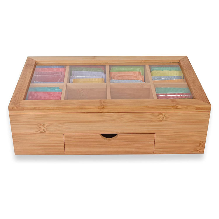 Produits Boîte à thé Contexte de rangement Organisateur de bambou en bois de bambou Le récipient à poitrine a 8 compartiments est livré avec un tiroir complet