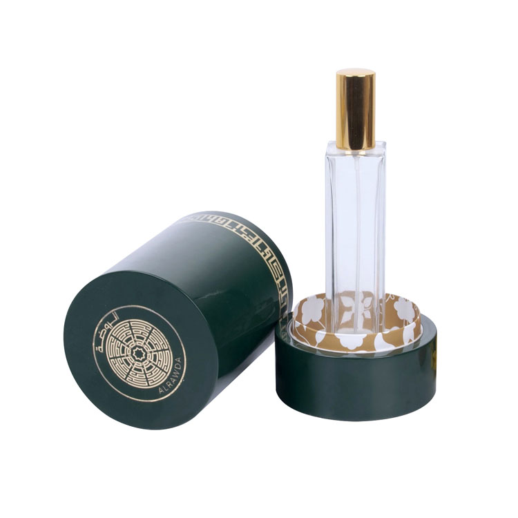 Étiquette en métal ronde avec décoration de bordure et de motif, peinture de piano vert, parfum haut de gamme en bois en bois