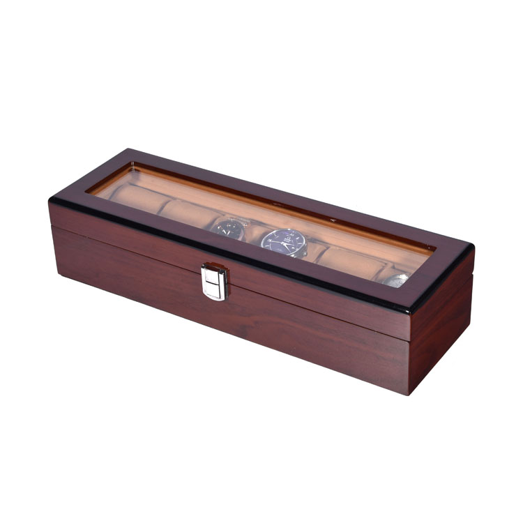 Boîte d'emballage de présentation de montre marron à 6 fentes, avec fenêtre transparente, boîte de montre en bois à 6 fentes, vente en gros