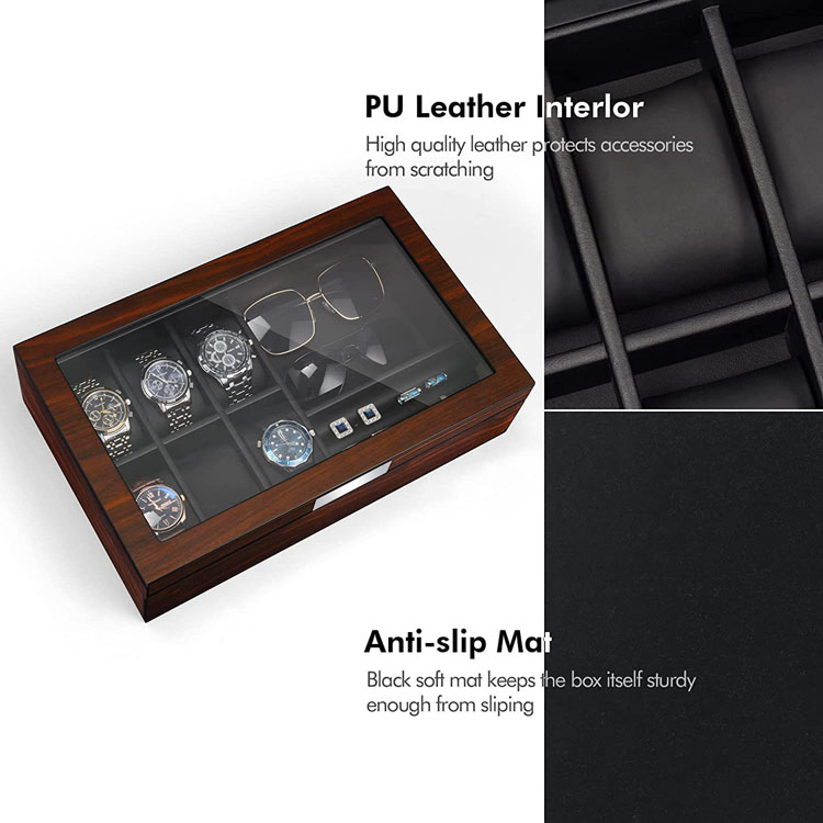 Boîte à montres en bois Inde Boîte à montres en bois Espresso massif Boîte à montres en bois à 12 fentes