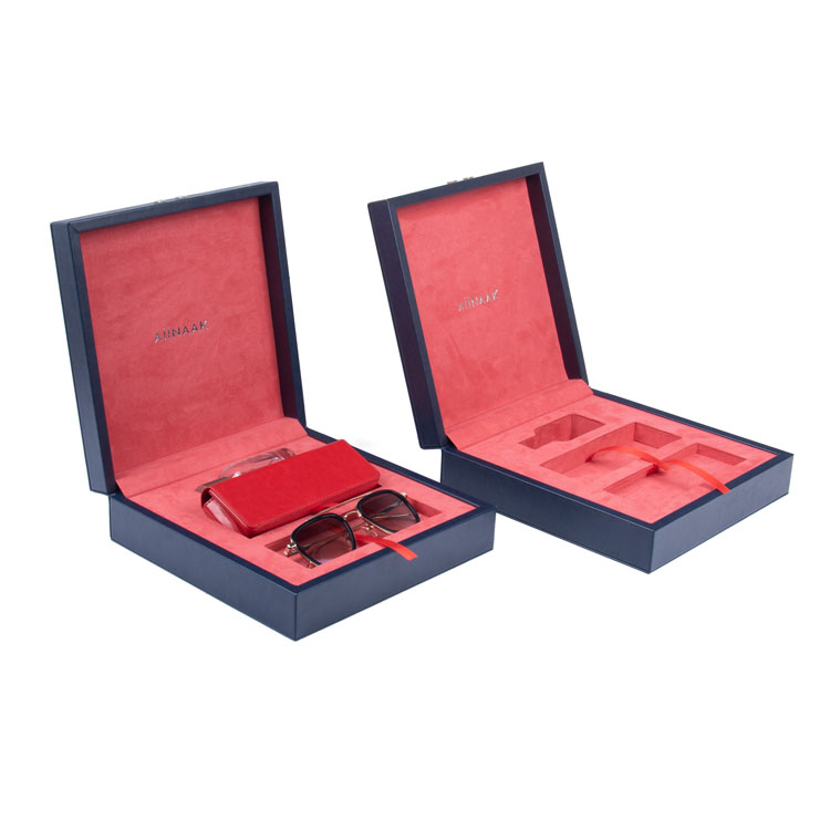 Designer Luxury Custom Logo Blue Red Cuir Proof Velvet PU Wood Sunglasses Set Packaging Boîtes