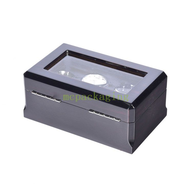 Boîte de rangement d'emballage de montre en bois, présentoir noir à 3 fentes haut de gamme avec fenêtre transparente, boîte d'emballage en bois