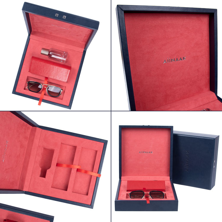 Designer Luxury Custom Logo Blue Red Cuir Proof Velvet PU Wood Sunglasses Set Packaging Boîtes