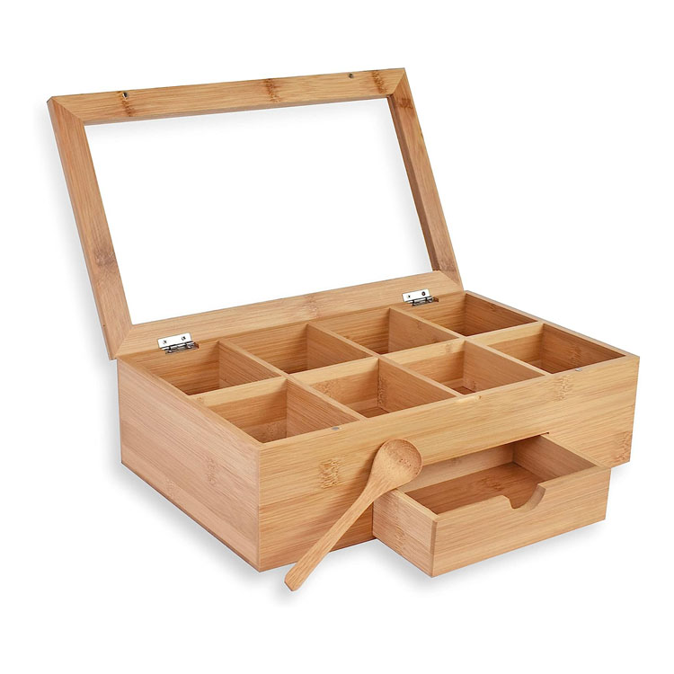 Produits Boîte à thé Contexte de rangement Organisateur de bambou en bois de bambou Le récipient à poitrine a 8 compartiments est livré avec un tiroir complet
