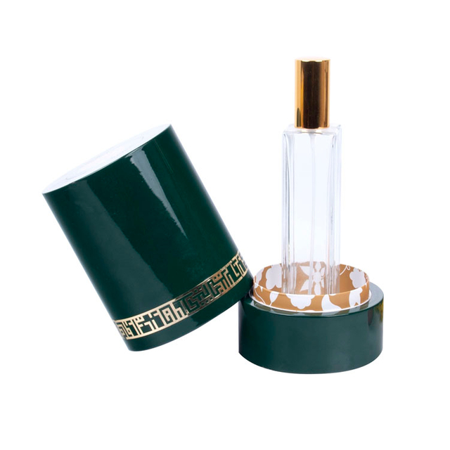 Étiquette en métal ronde avec décoration de bordure et de motif, peinture de piano vert, parfum haut de gamme en bois en bois