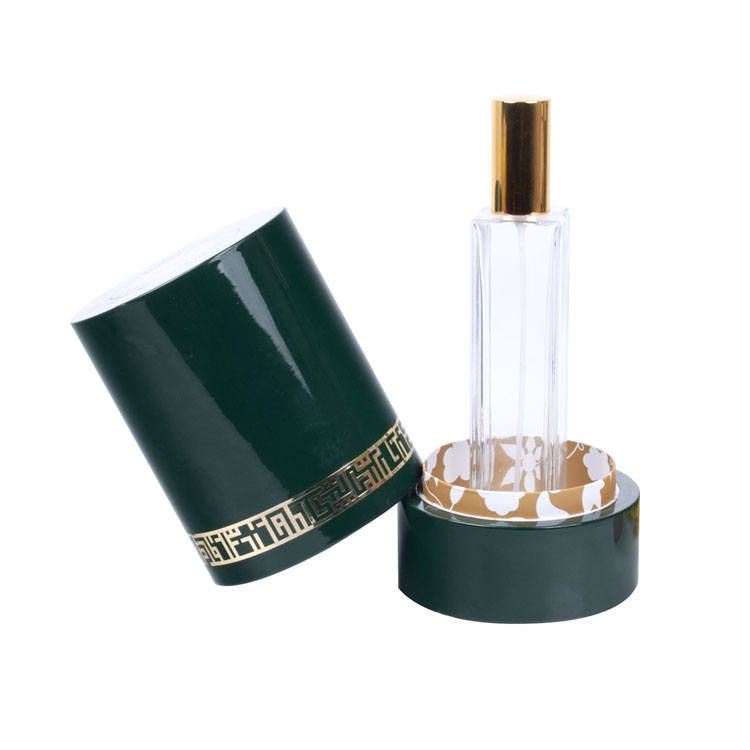 Étiquette en métal ronde avec décoration de bordure et de motif, peinture de piano vert, parfum haut de gamme en bois en bois