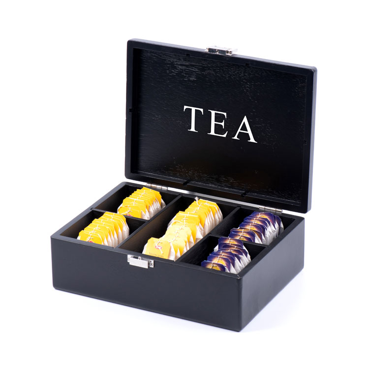 Boîte en bois à thé à 6 fentes en placage noir mat