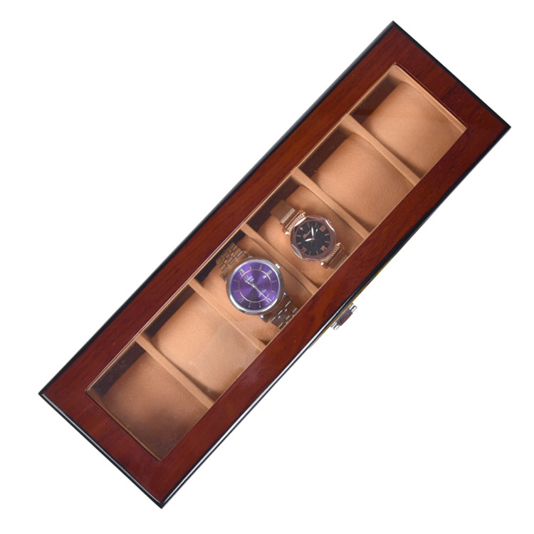 Boîte d'emballage de présentation de montre marron à 6 fentes, avec fenêtre transparente, boîte de montre en bois à 6 fentes, vente en gros