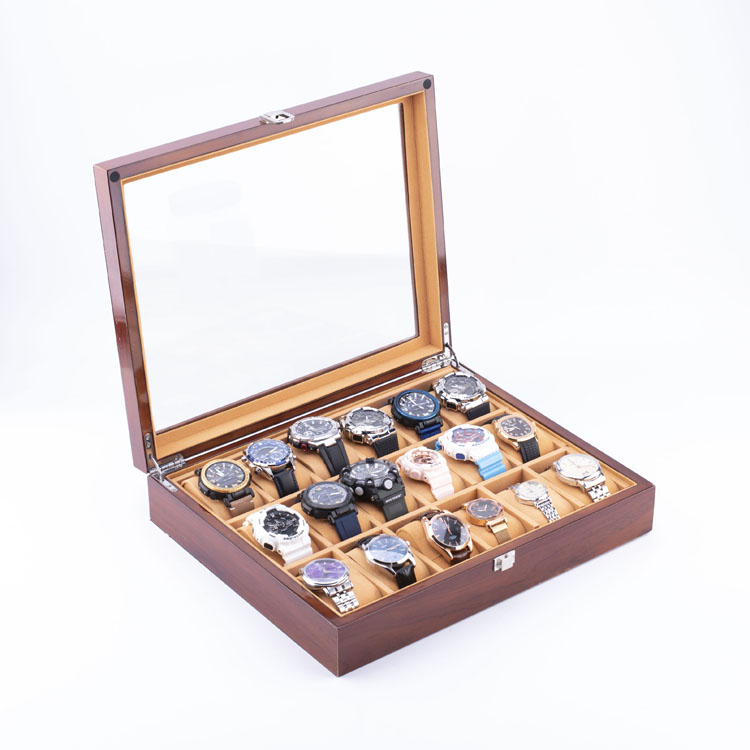 WoodBox Factory Organisateur de stockage de montre à 18 emplacements de haute qualité avec couvercle transparent