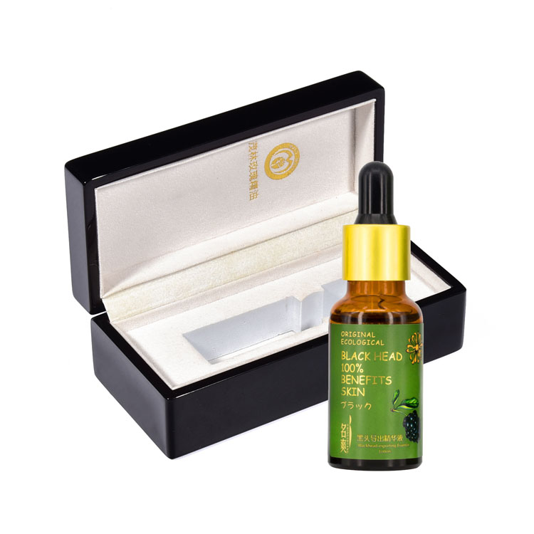 Rectangulaire élastique charnière côté rabondage noir peinture brillante à l'huile essentielle parfume en bois emballage intérieur en velours perlé beige personnalisé