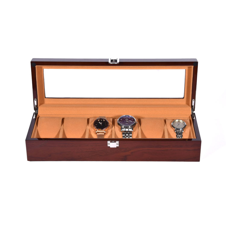 Boîte d'emballage de présentation de montre marron à 6 fentes, avec fenêtre transparente, boîte de montre en bois à 6 fentes, vente en gros