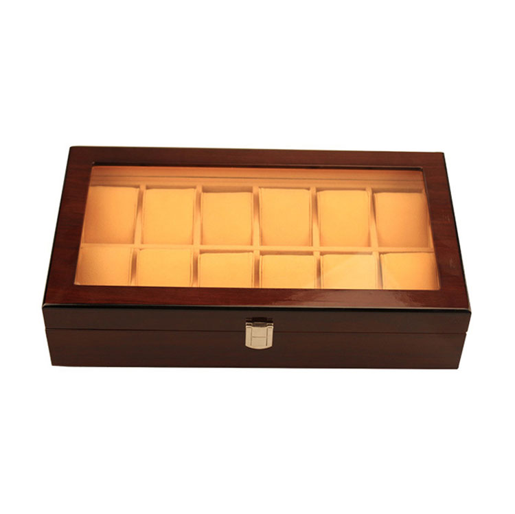 Boîte de rangement de montre en bois à 12 fentes, vente en gros, offre spéciale avec couvercle transparent