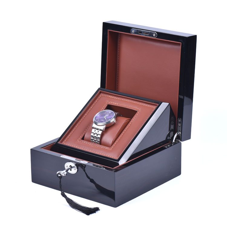 Boîte en bois personnalisée en usine, boîte d'emballage de montre laquée noire, boîte en bois