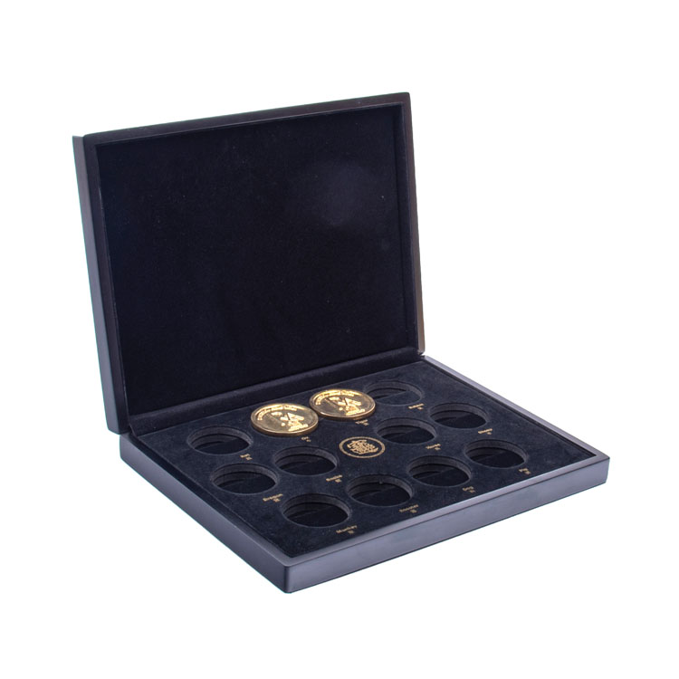 Présentation Médaillion Boîtes de dons de capsule de collection debout Piano Lacquer Boîte de pièce en bois