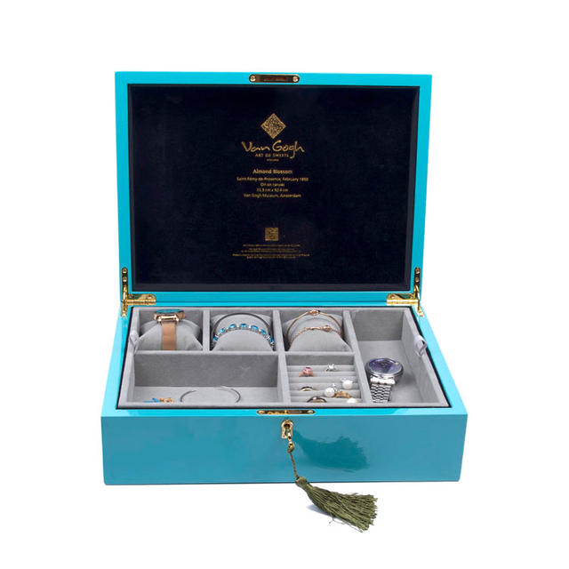 Boîte de rangement de bijoux en bois imprimée avec plateau intérieur amovible polyvalent