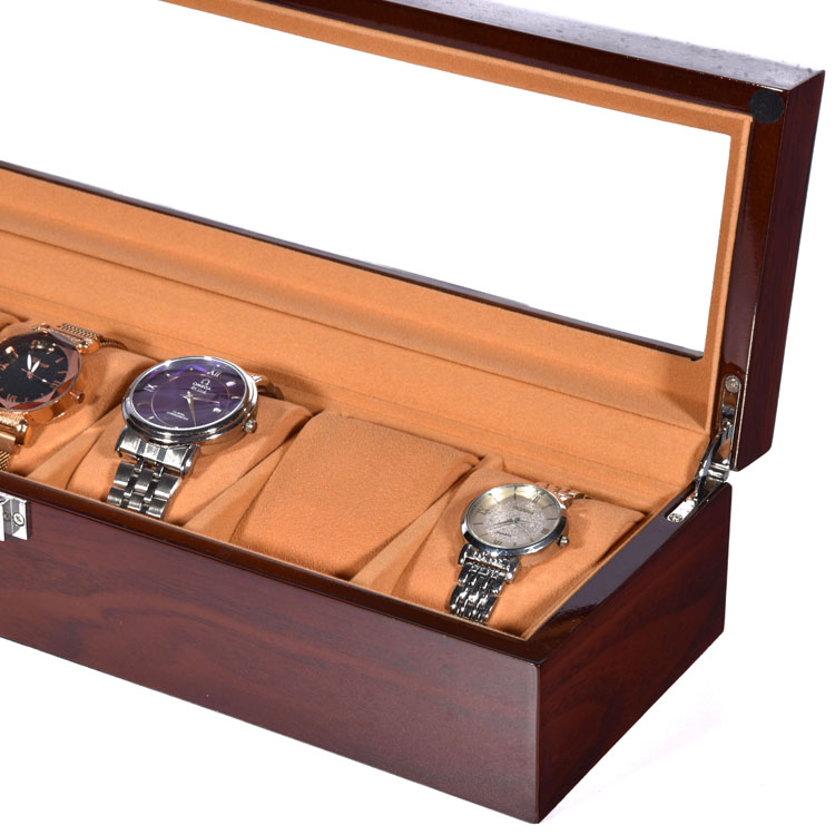 Boîte d'emballage de présentation de montre marron à 6 fentes, avec fenêtre transparente, boîte de montre en bois à 6 fentes, vente en gros