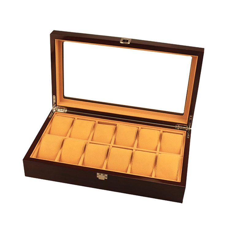 Boîte de rangement de montre en bois à 12 fentes, vente en gros, offre spéciale avec couvercle transparent