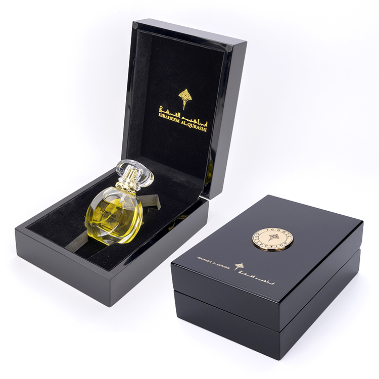 Boîte d'emballage de parfum en bois, laque de Piano noire haute brillance Noble et élégante, Design en bois, cadeaux personnalisés de luxe de 50ml
