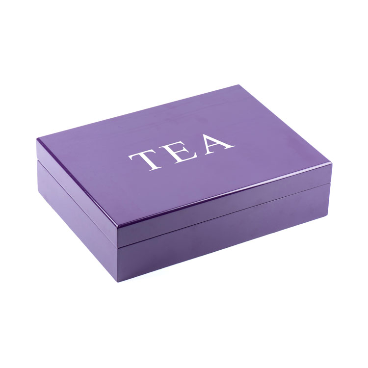 sachets de thé violets boîte à thé canonique en bois