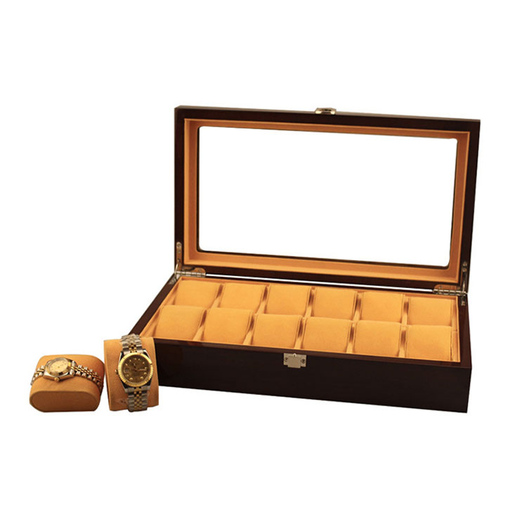 Boîte de rangement de montre en bois à 12 fentes, vente en gros, offre spéciale avec couvercle transparent