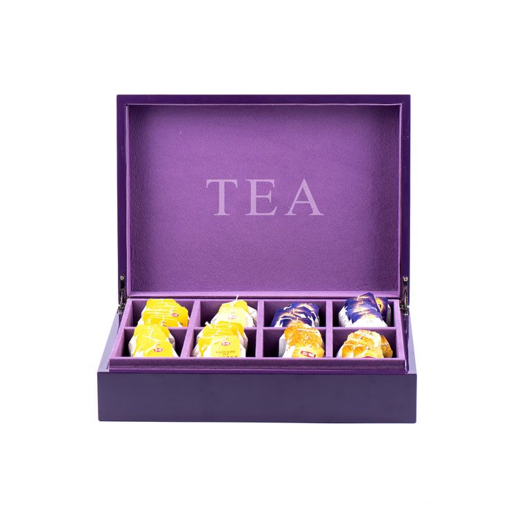 sachets de thé violets boîte à thé canonique en bois