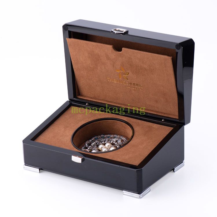 Boîte à bijoux en bois noir brillant avec Logo personnalisé, modèle de boîte à bijoux en bois Xxl