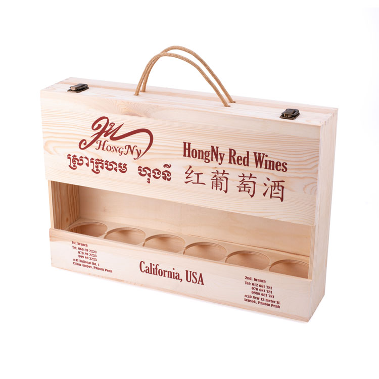 Boîte à vin en bois pour 6 bouteilles de vin rouge, emballage cadeau haut de gamme à faible Moq, boîte à vin en bois avec accessoires