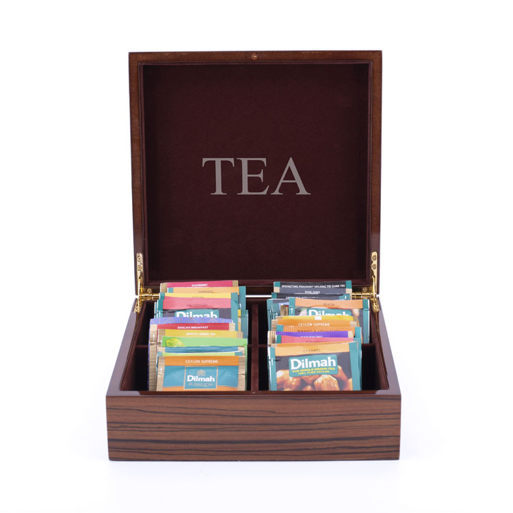 Boîte d'emballage à thé décorative à 4 plans personnalisée en bois pour le fournisseur de feuilles et de cadeaux en vrac