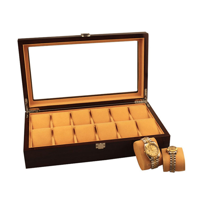 Boîte de rangement de montre en bois à 12 fentes, vente en gros, offre spéciale avec couvercle transparent