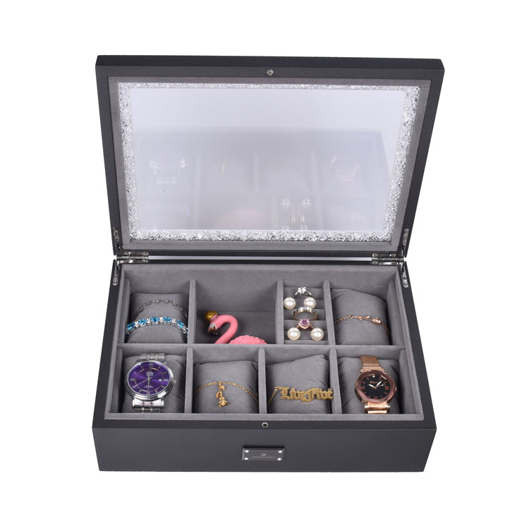 Boîte de rangement à 8 fentes, lustre perle gris avec fenêtre en acrylique, présentoir de bijoux, montre