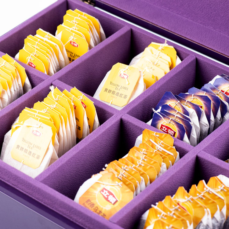 sachets de thé violets boîte à thé canonique en bois