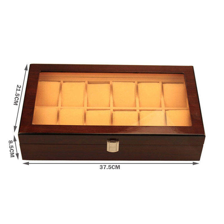Boîte de rangement de montre en bois à 12 fentes, vente en gros, offre spéciale avec couvercle transparent