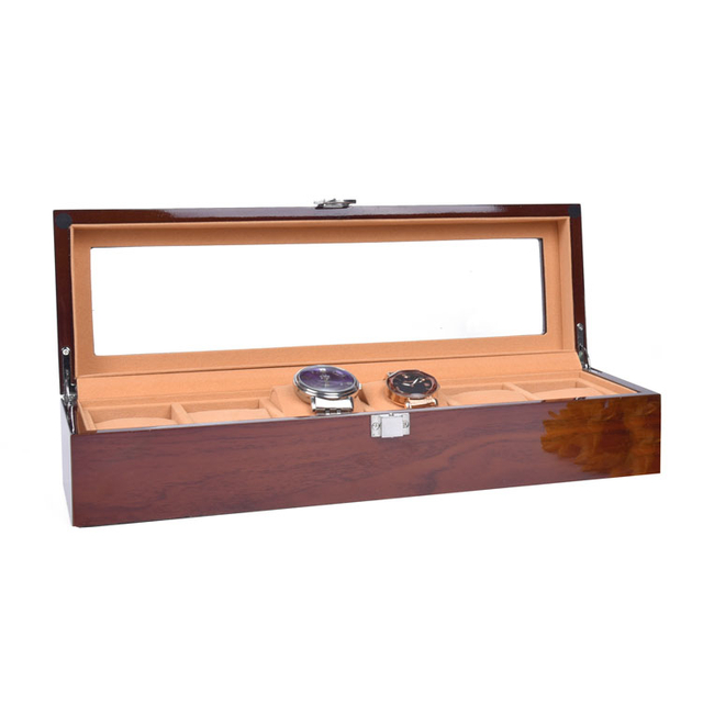 Boîte d'emballage de présentation de montre marron à 6 fentes, avec fenêtre transparente, boîte de montre en bois à 6 fentes, vente en gros