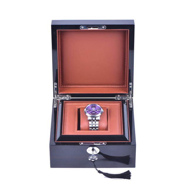 Boîte en bois personnalisée en usine, boîte d'emballage de montre laquée noire, boîte en bois