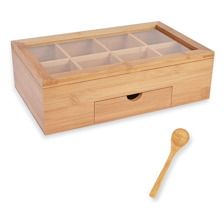 Produits Boîte à thé Contexte de rangement Organisateur de bambou en bois de bambou Le récipient à poitrine a 8 compartiments est livré avec un tiroir complet