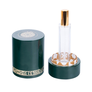 Étiquette en métal ronde avec décoration de bordure et de motif, peinture de piano vert, parfum haut de gamme en bois en bois
