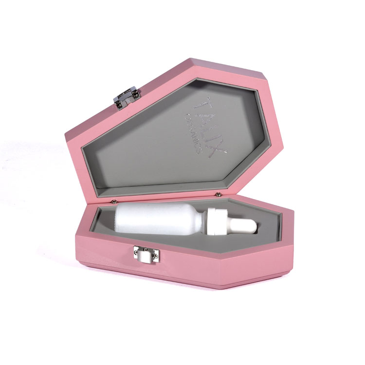 Argent double colonne charnière japonais verrouillage rose rose pu cuir intérieur créatif créatif hexagonal en forme de cercueil en bois emballage en bois emballé sur mesure